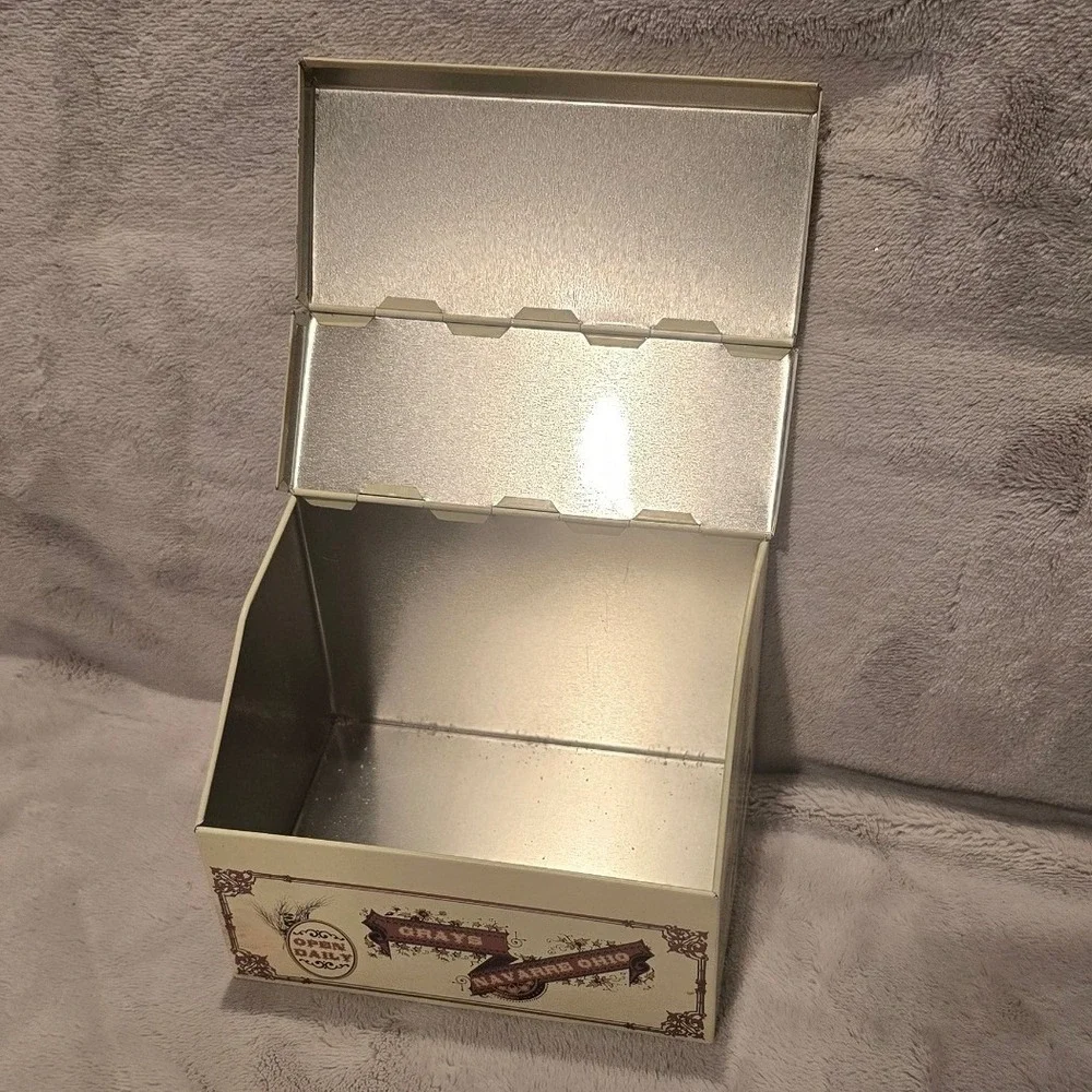 Vintage Style Dry Goods Notions Metal Storage Tin Slanted Lid Navarre Ohio Decor
